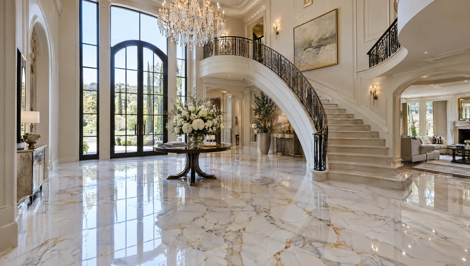 Grand Calabasas foyer with a polished Calacatta marble floor and a curved staircase