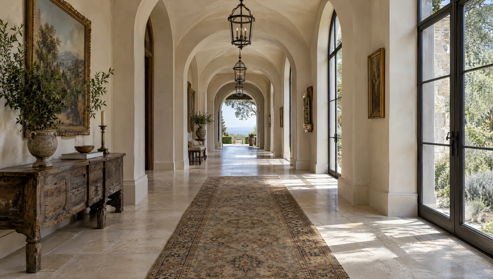 Honed limestone hallway in soft natural light