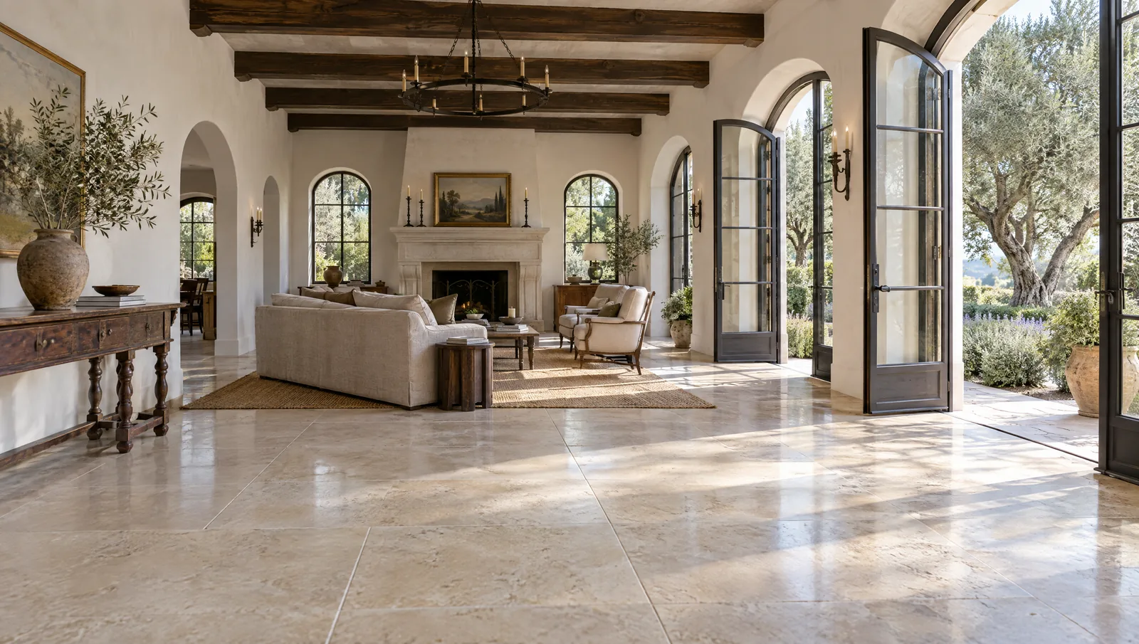 Honed stone floors in a sunlit Spanish-style living room