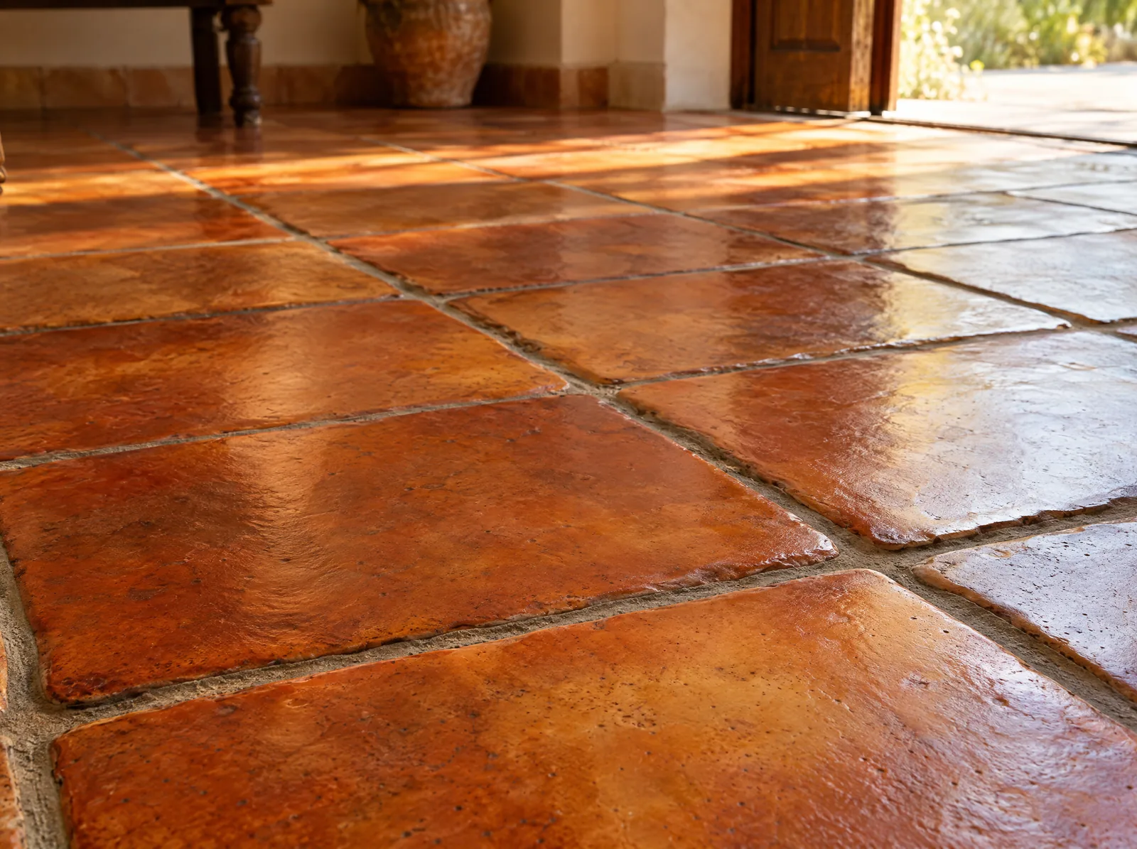 Close-up of Saltillo tile showing warm clay color variation and grout lines