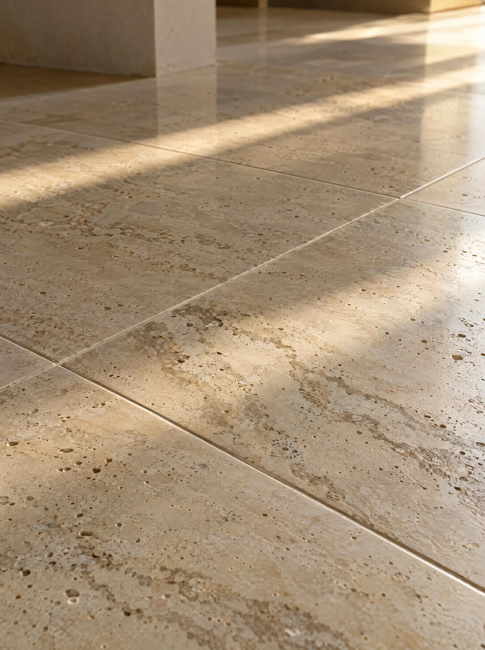 Close view of a honed limestone floor surface