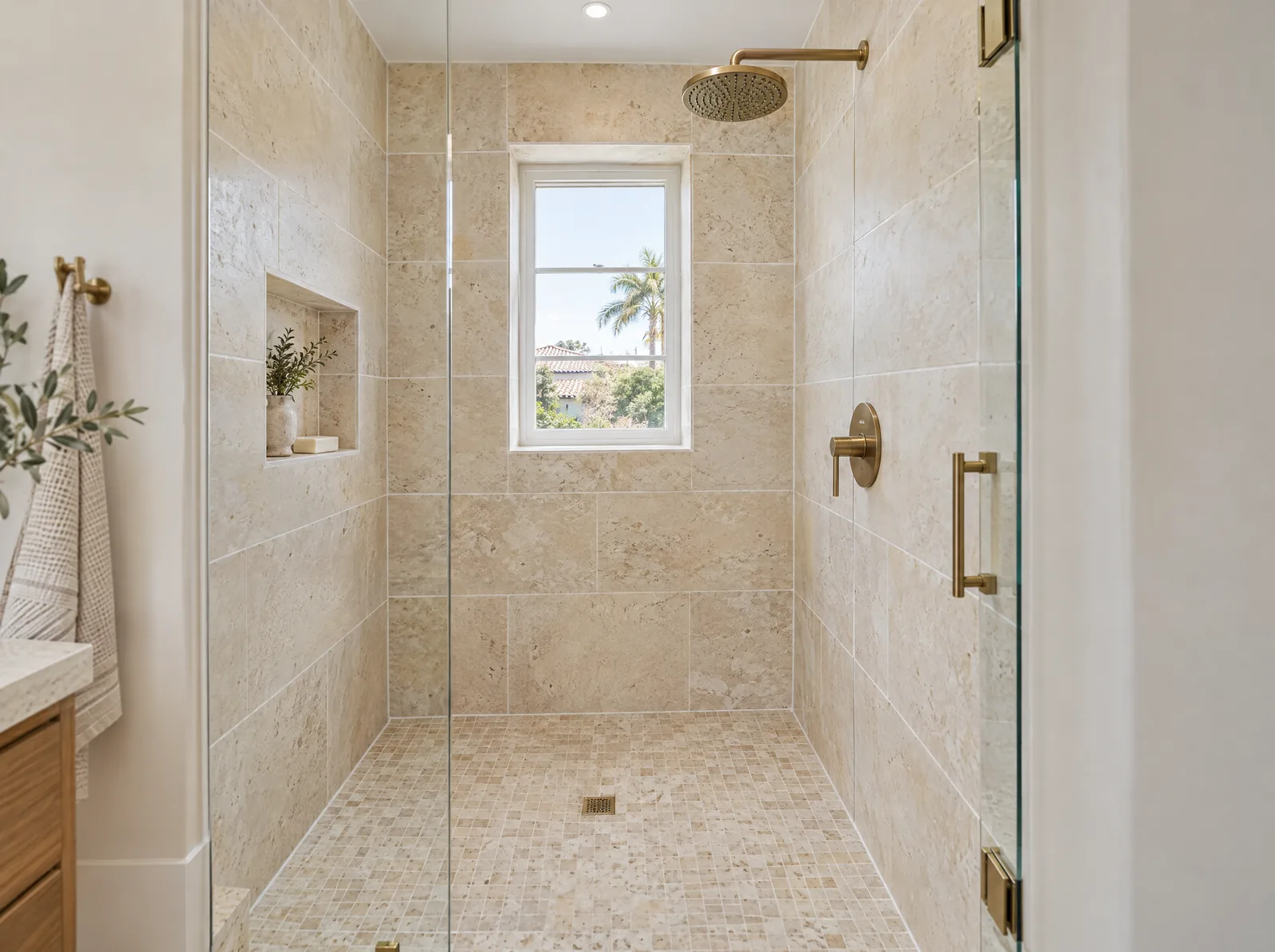 Travertine shower with clean grout and fresh caulk lines