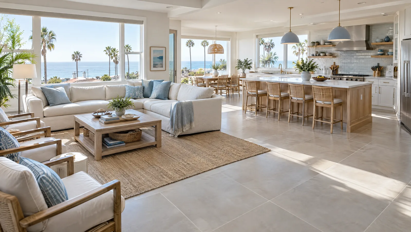 Light porcelain tile floor in a bright Ventura coastal home with an ocean view