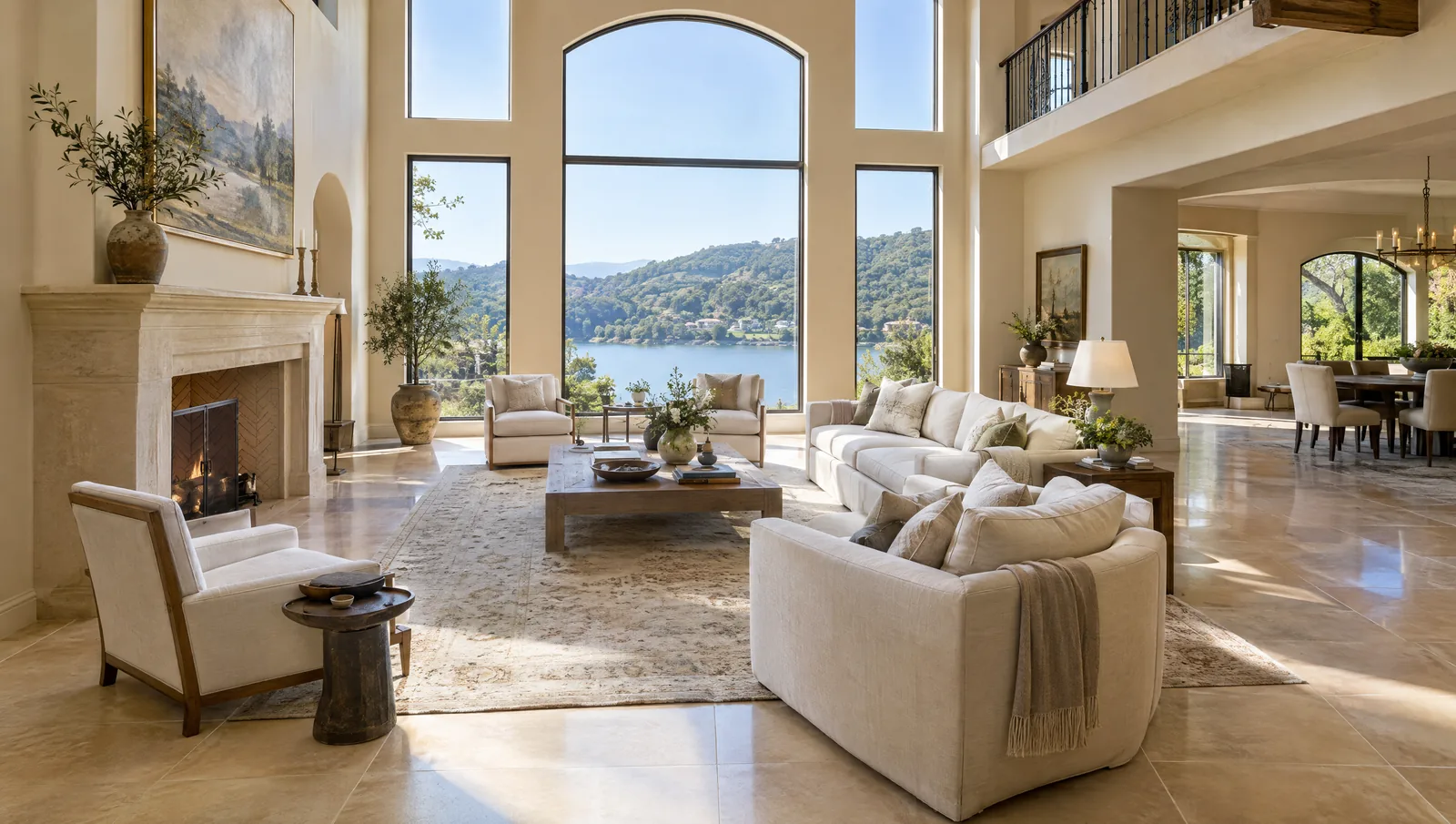 Mediterranean great room with a travertine floor overlooking the lake and oak hills