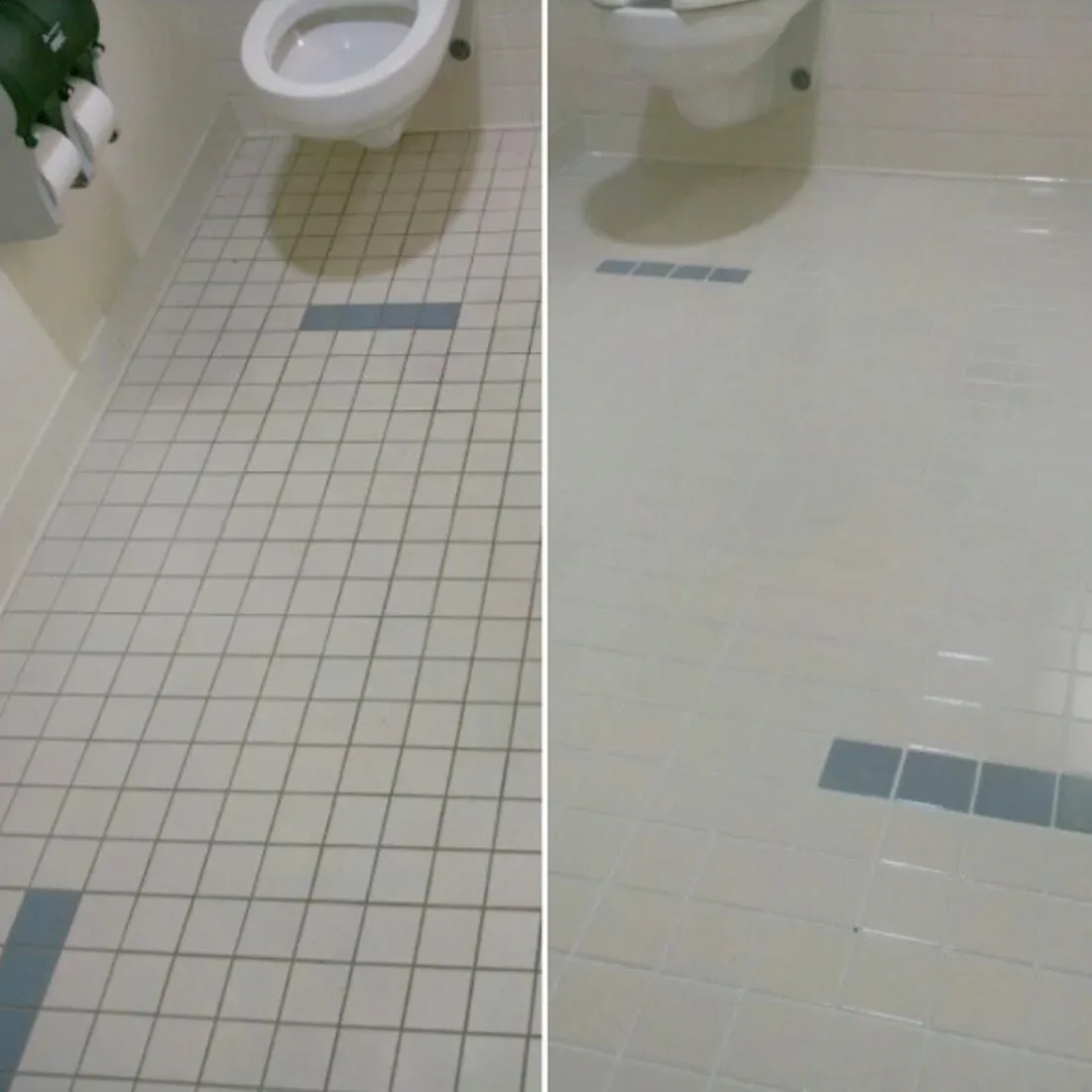 Before and after grout color sealing on a white tile floor